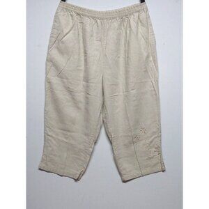 Allyson Whitmore LINEN BLEND capri pants pull-on pedal pusher beige embroidered